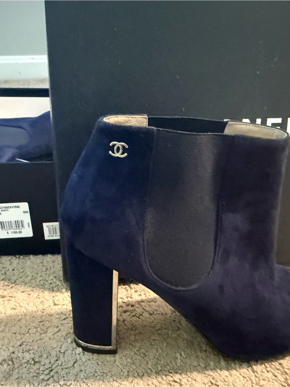 CHANEL Navy blue Suede Ankle Booties with silver  CC Accent